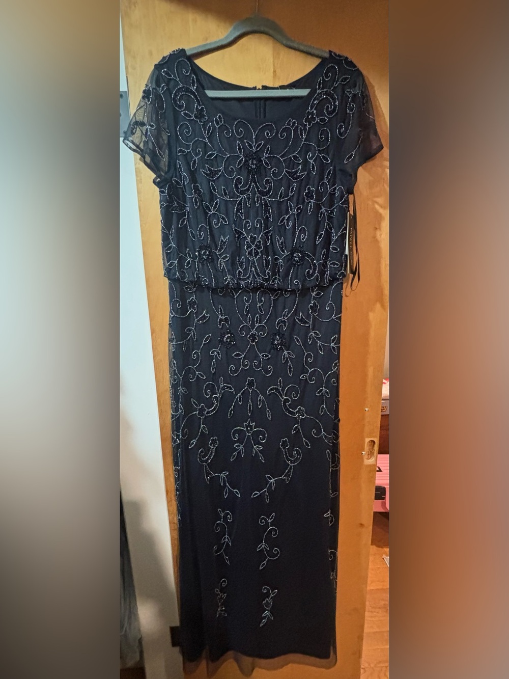 Papell Studio Beaded Blouson Long Dress Beaded Floral Maxi Dress Size 16 NWT